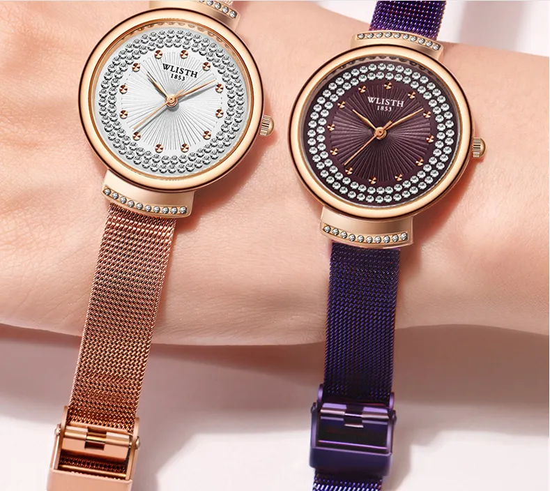 WLISTH marque Crystal Diamond démarre une montre à Quartz exceptionnelle pour femmes, bracelet en maille confortable, boucle à Double assurance, fraîche et gracieuse L319v