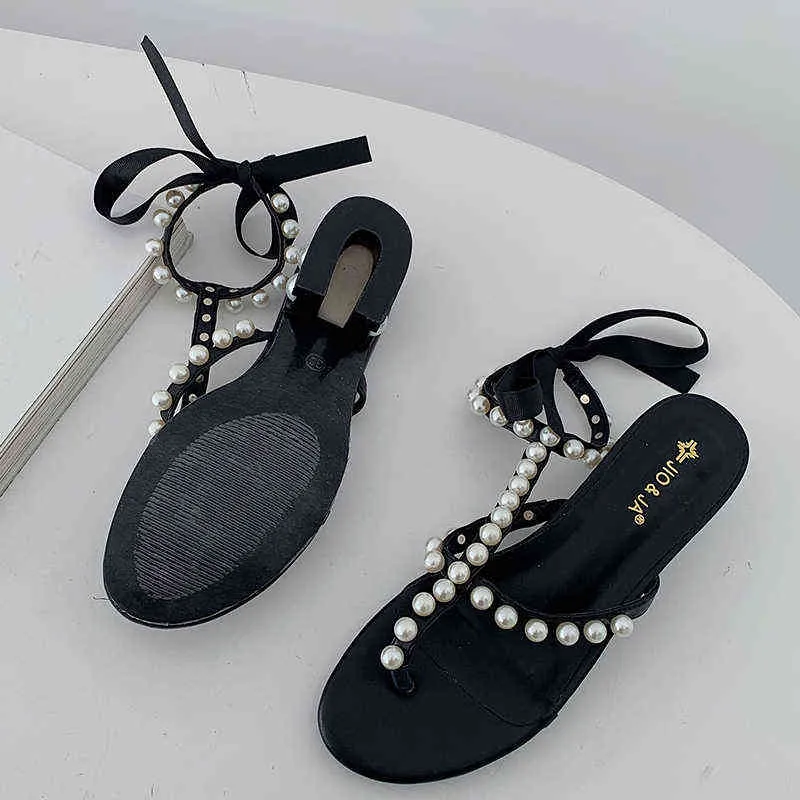 Sandels Party Pearl Kvinnor Pumpar Ankelband Flip Flops Sandaler Gladiator Peep Toe Ladies Heels Kvinna Skor Sommar Slides 220303