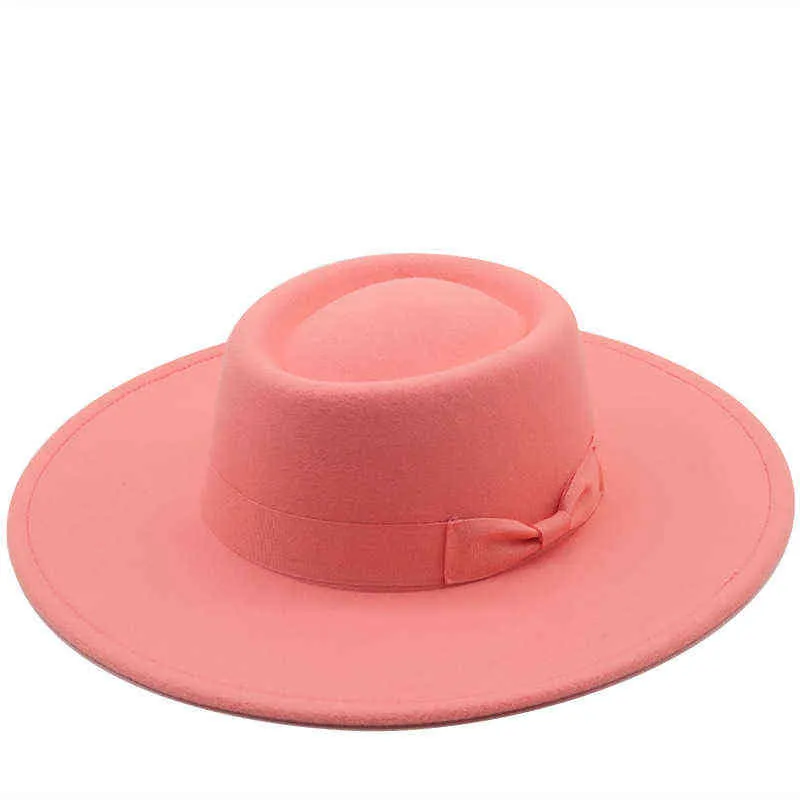 Solid Color Autumn Winter Fashion Wol Simple Round Round Top Vintage Wide Fedoras Hats For Women Brim Chain Ribbon 2112274396407