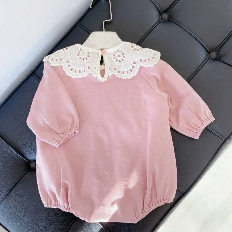 Primavera Bebê Bebê Bodysuit Lace Peter Pan Collar Sleeve Sleeves Macacão Nascido Estilo Doce Crianças Roupas E15 210610