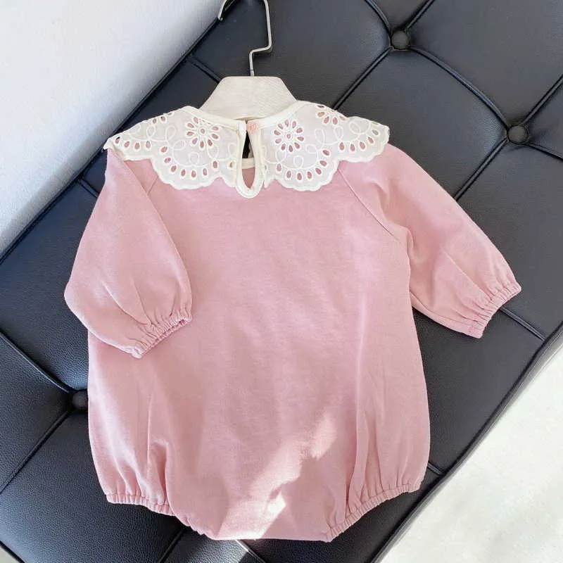 Spring Baby Girl Bodysuit Lace Peter Pan Collar Puff Sleeves Jumpsuit born Sweet Style Kids Clothes E15 210610