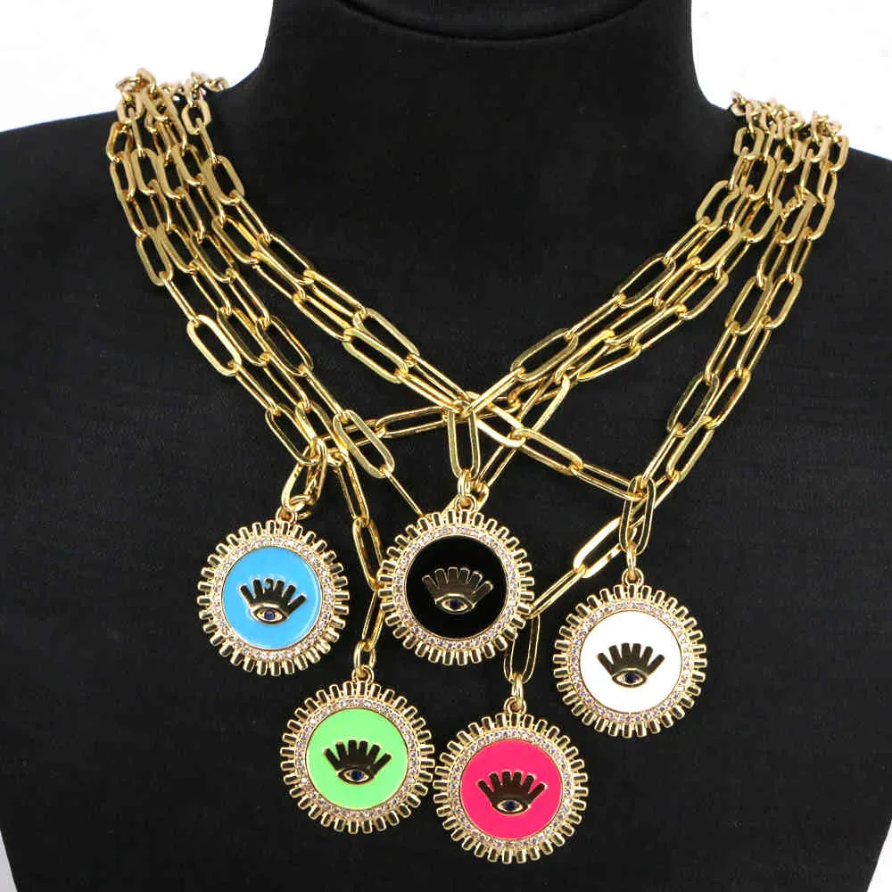 Girocollo a catena semplice colorato da 5 pezzi donna collana con pendente smaltato a moneta cubica con occhio turco 2021 gioielli di moda