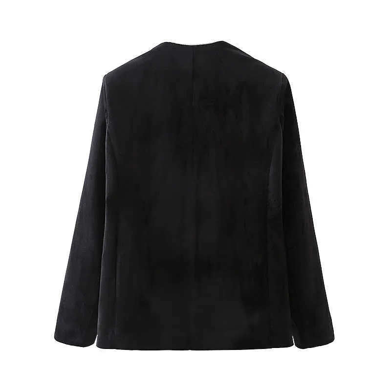 Aelegantmis V Cou Fausse Fourrure Blazer Manteaux Femmes Chaud Noir Doux Lâche Moelleux Solide Casual Survêtement Coréen Chic Streetwear 210607