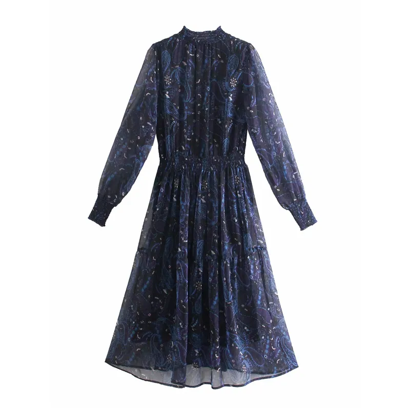 Chiffon Boheemse print Midi jurk vrouwen lente vintage geplooide vrouw lange mouw elastische taille vakantie vestidos 210430