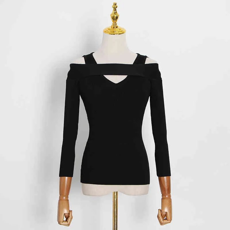 Pullover neri lavorati a maglia sottili le donne colletto quadrato manica lunga scava fuori maglione sottile moda femminile 210524
