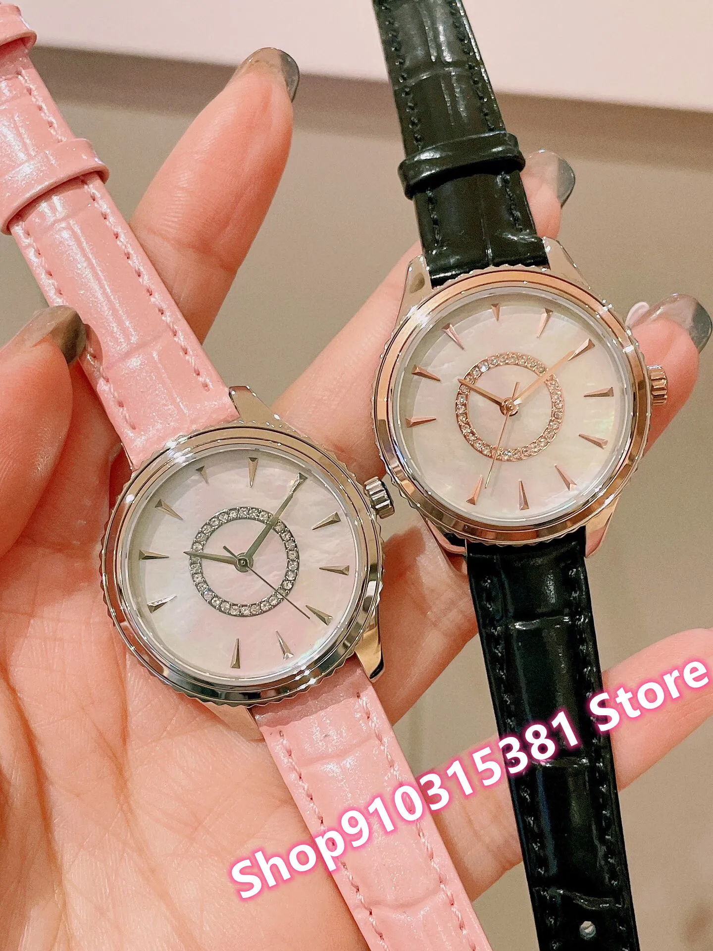 Nuevo reloj de diamantes redondos de acero inoxidable para mujer, relojes de cuarzo geométricos de cuero verde y rosa para mujer, reloj de nácar de 33mm