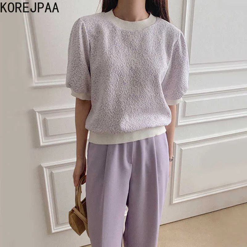 Korejpaa Dames Sets Korea ins Ronde hals Losse Korte Mouw T-shirt + Hoge Taille Wide Poot Casual Broek Past Fluiting 210526