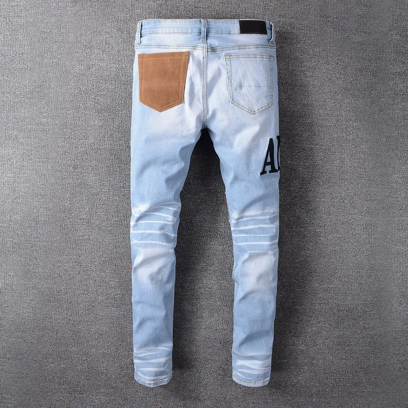 Fashion heren lange slanke jeans desiger hoogwaardige patchwork demin broek streetwear broek voor mannen