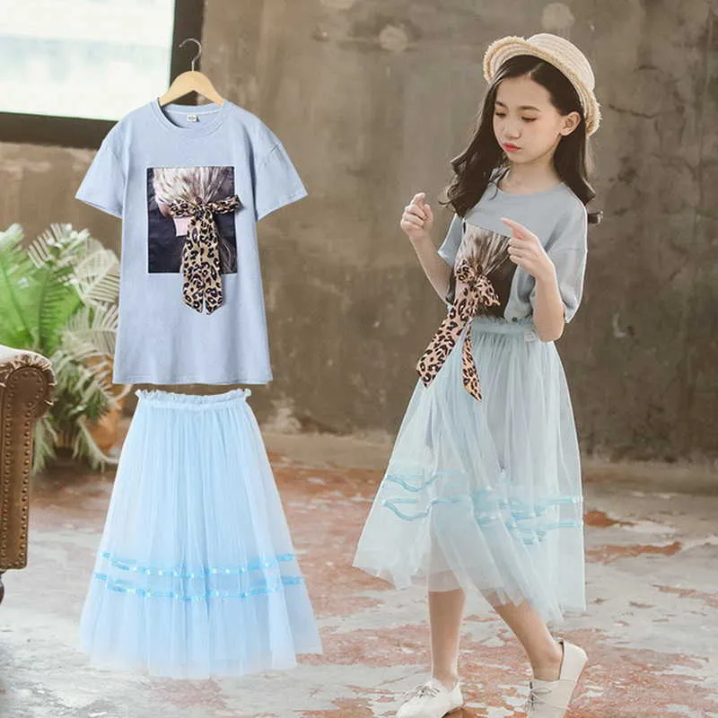Lente tieners meisjes 2-pcs sets boog T-shirt + gaas rok zoete stijl kinderen uitloper kleding E9679 210610