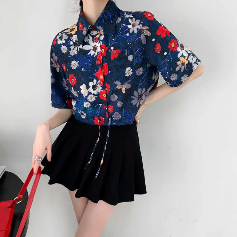 Sommar kvinnokläder skörd topp kvinnlig skjorta vintage mode blouses tunika retro blommönster damskjorta dragsko 210529