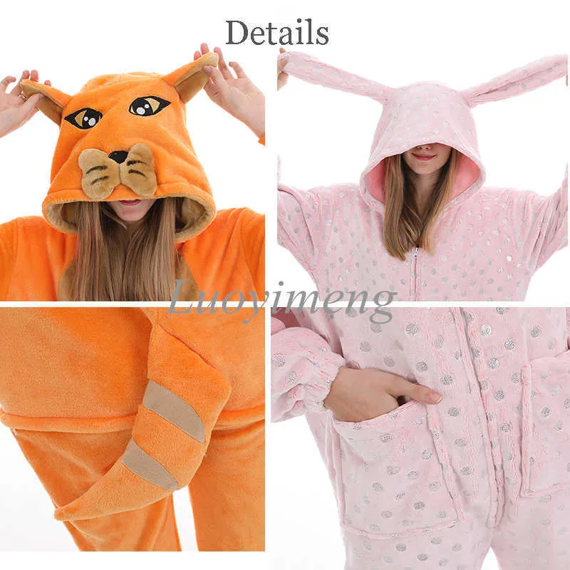 Pigiama Camicia da notte Adulti Coniglio animale Pigiama Flanella Stitch Cat Anime Tutina Unicornio Sleepwear Tuta 211023