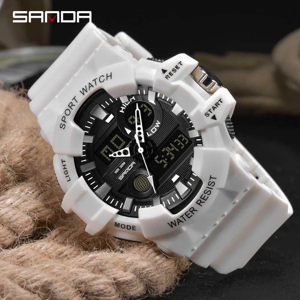 Sanda Men Watches White G Style Sport Watch LEDデジタルウォータープルーフカジュアルウォッチsショック男性時計RelogiosMasculinoWatch Man X0231K