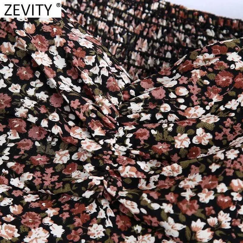 ZEVITY Kadınlar Vintage Pleats Puf Kollu Çiçek Baskı Kısa Bluz Kadın Elastik Gömlek Chic Chemise Blusas Tops LS7540 210603