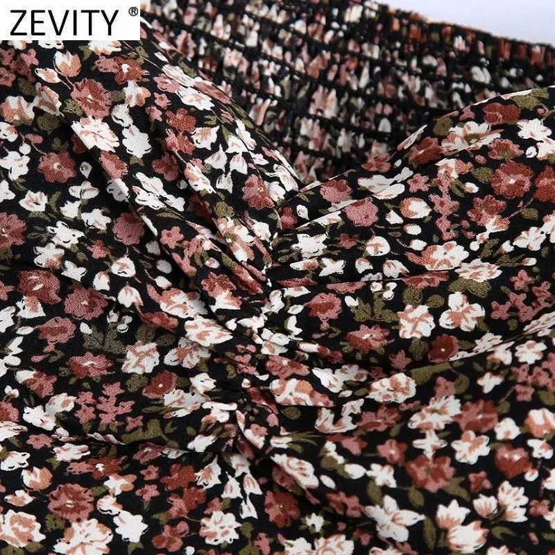 Zevity Women Vintage Pleats Puff Sleeve Flower Print Short Blouse Female Elastic Shirts Chic Chemise Blusas Tops LS7540 210603
