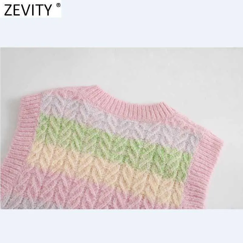 Zevity女性のファッションO首の色のマッチングの縞模様の編み物セーターレディースノースリーブカジュアルスリムベストショートプルオーバートップスS536 210603