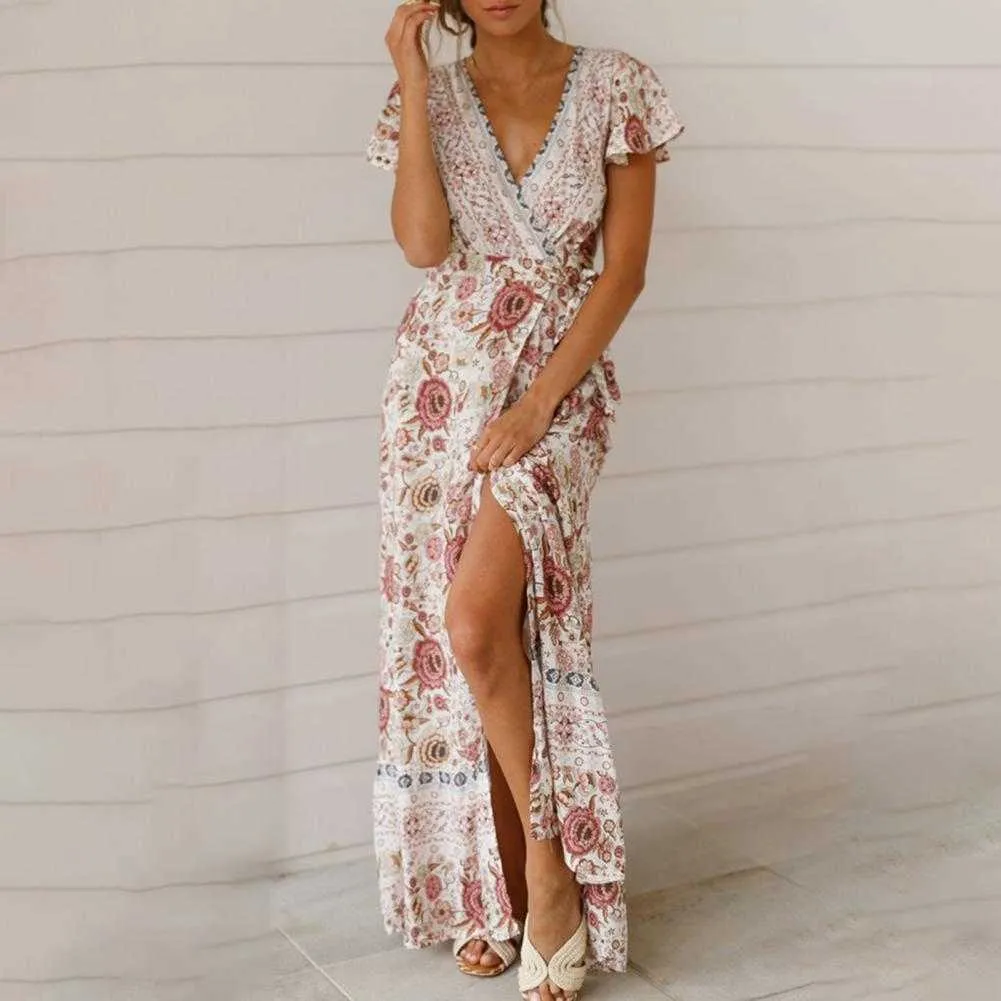 Femmes robes 2021 Sexy col en v imprimé fleuri été Boho robe vêtements pour femmes Vintage décontracté plage vacances longue robe Vestido X0705