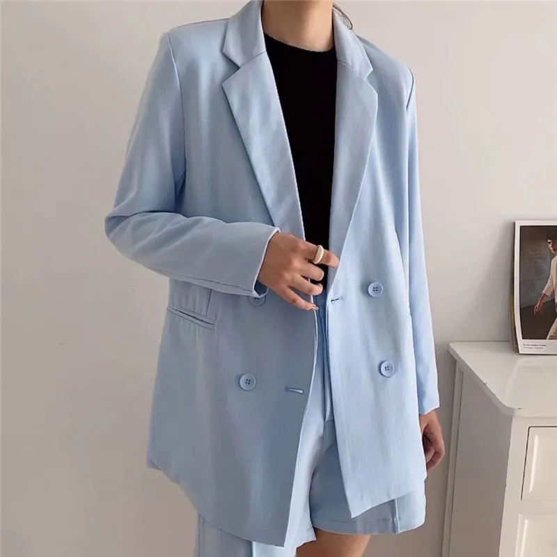 BLSQR Sky Blue Blazer Women Autumn Double Breasted Suit Pocket Design Casual Jackets Ladies Office Lady 210430