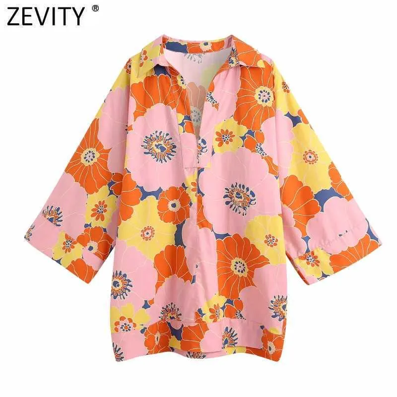Zevity Women Fashion Färgglada Blomstryck Casual Loose Shirt Kvinna Batwing Sleeve Kimono Blouse Roupas Chic Blusas Tops LS9343 210603