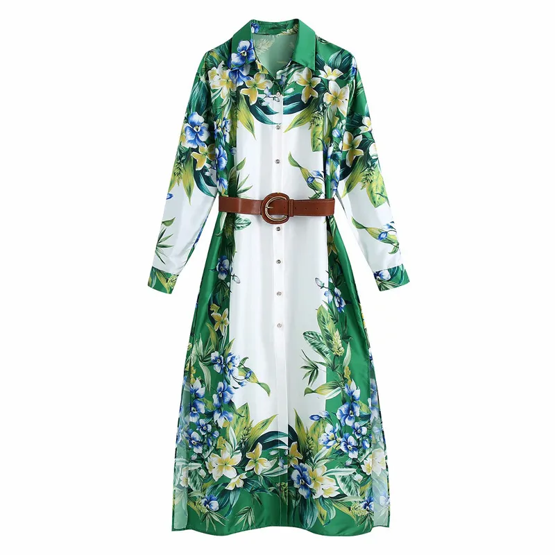 Summer White Green Vintage Floral Shirt Dresses for Women Chic Buttons Belt Midi Dress Woman Long Sleeve Casual Vestidos 210430