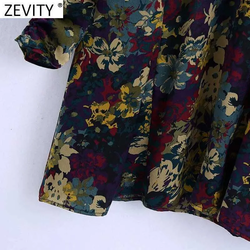 Zevity Spring Kobiety Słodkie V Neck Floral Print Linia Mini Sukienka Panie Plats Puff Sleeve Casual Slim Kimono Vestido DS4860 210603