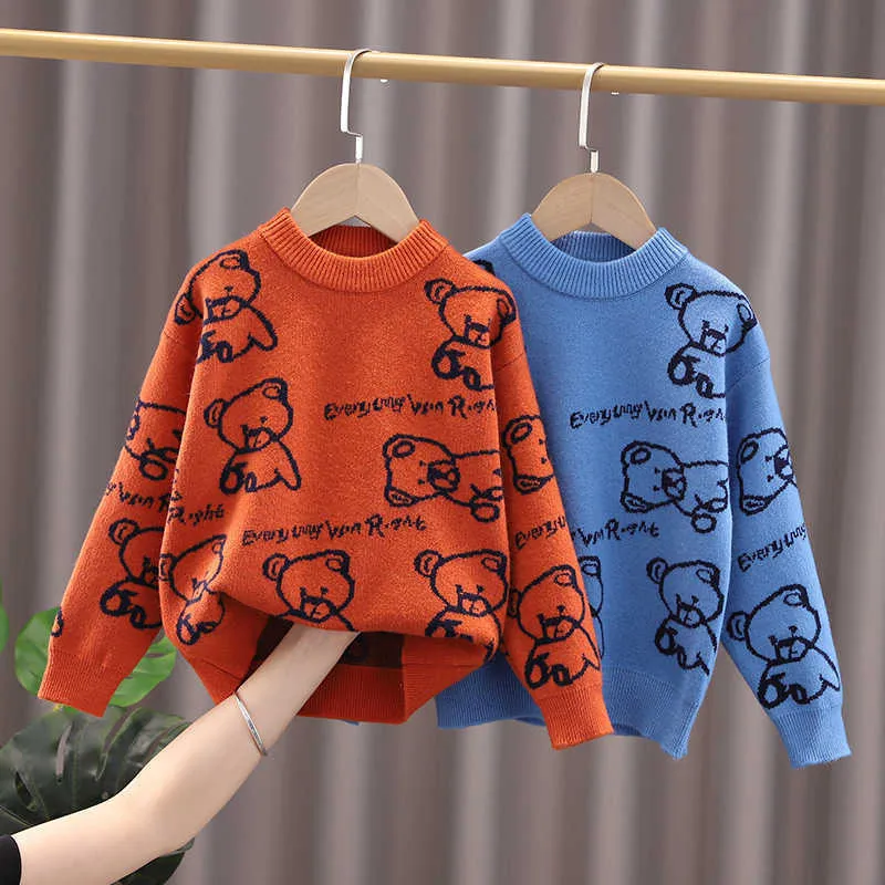 New Baby Boys Sweaters Kids Autumn Winter Warm Pullovers Long Sleeve Knitted O-neck Cartoon Bear Pattern Bottoming Shirt EY09283 Y1024