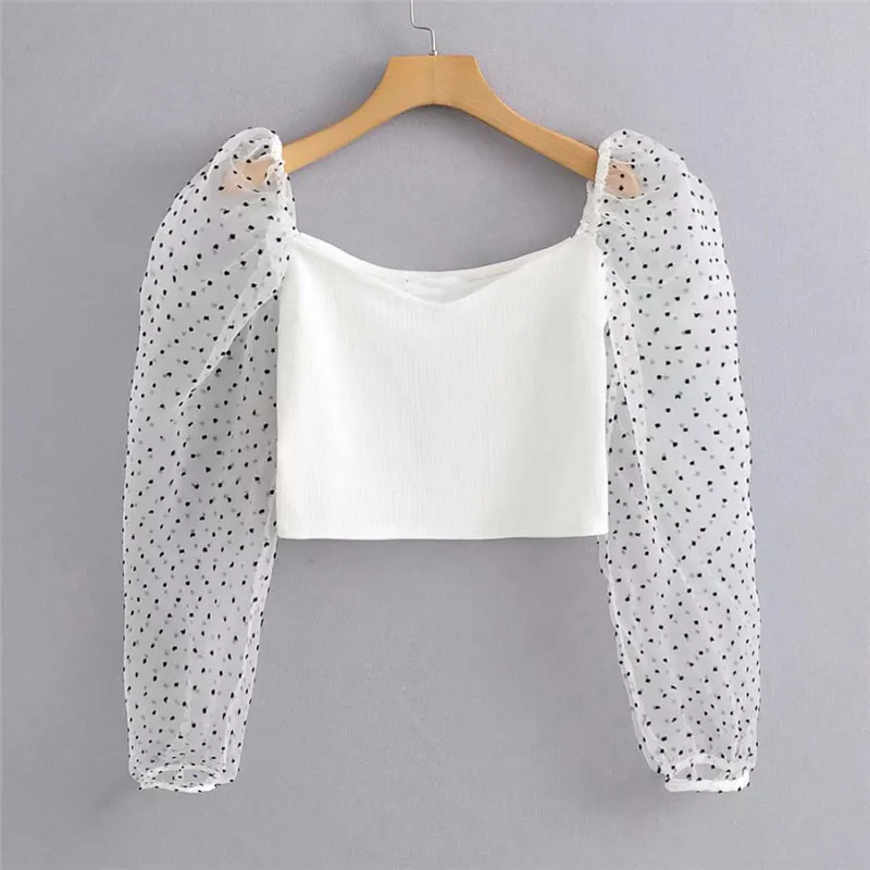 Stylish Sexy Slim Crop Women Top Transparent Mesh Patchwork Sleeve V Collar Backless Chic Shirt Stretchy White Short Blus 210326