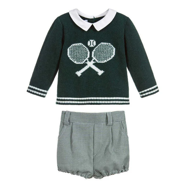 Комплект испанской бутик-одежды для маленьких мальчиков, детские вязаные свитера с длинными рукавами + короткие штаны, осенне-зимняя одежда для малышей 210615