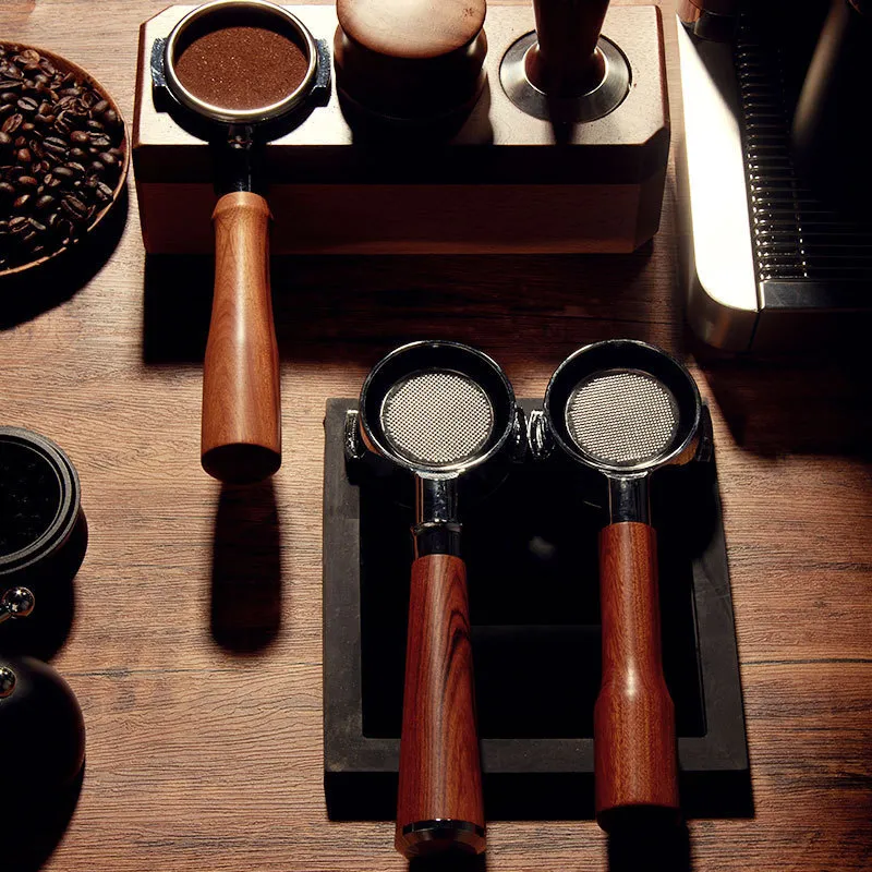 58mm roestvrijstalen dubbele ear koffiemachine handvat bodemloze filter portafilter universele houten E61 espresso-gereedschap 220309