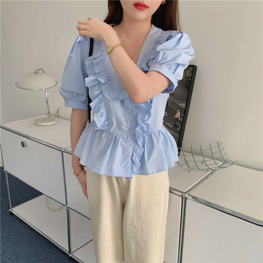 Ruffles Gentle Clothe Tops Blouses Sweet Femme Elegance Princess Chic Fashion All Match Girls Loose Shirts 210525