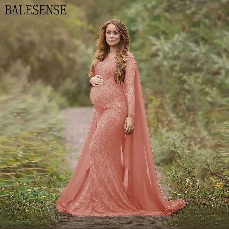 Lace Maternity Maxi Gown Dresses For Photo Shoot Long Sleeve Pregnancy Dress Photography Props with Cloak Pregnant Women Clothes X0902