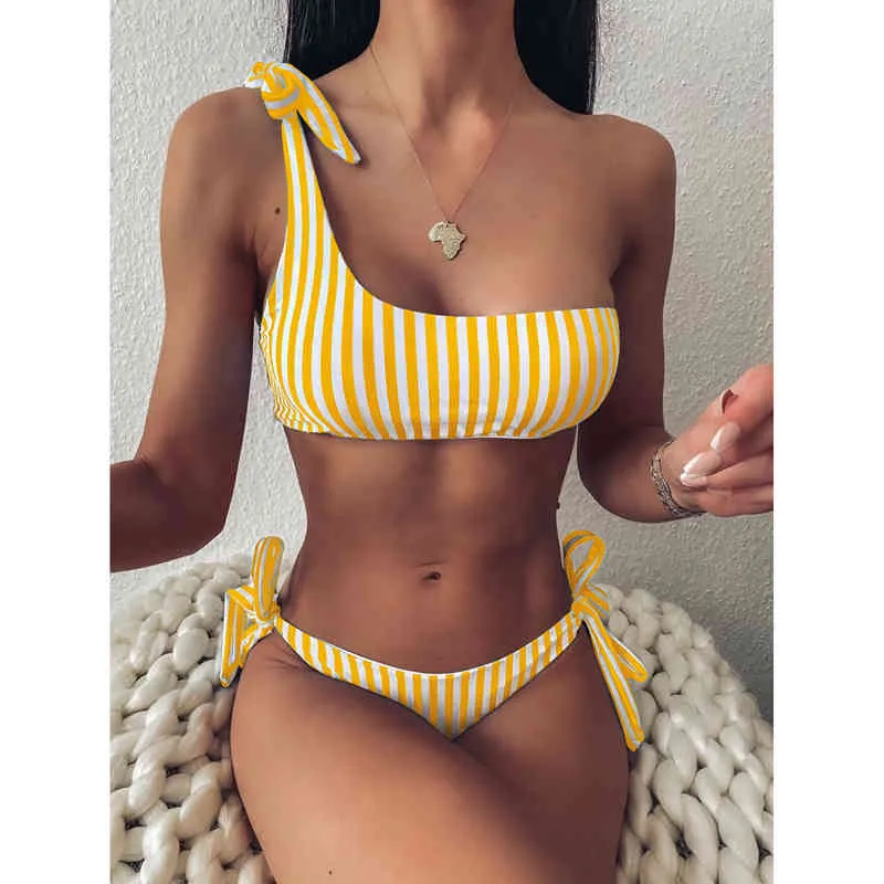 High Waist Bikini Striped Single Shoulder Strap Female Swimsuit Women Swimwear Two-pieces Bikini set Bather Bathing Suit Lady 210515