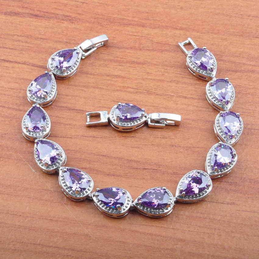 Bijoux de mariage naturel violet cristal couleur argent ensemble de bijoux femmes boucles d'oreilles collier pendentif anneaux Bracelet JS0306 H10221645269
