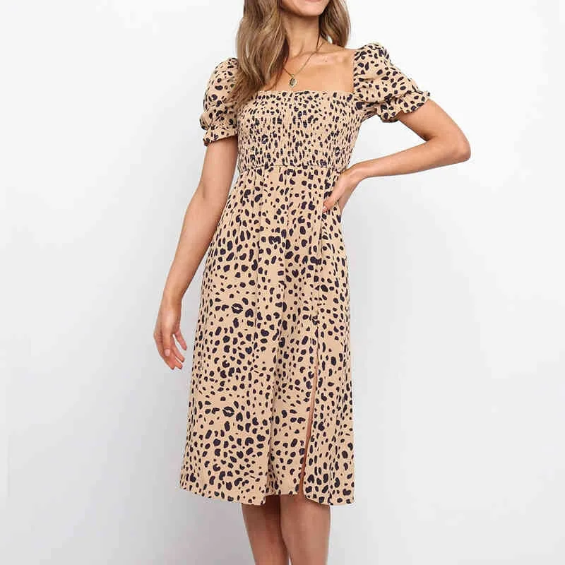 Abito estivo sottile con stampa a spacco a maniche corte Abito boho a-line leopardato al ginocchio Abito da donna stile spiaggia vestidos 210514