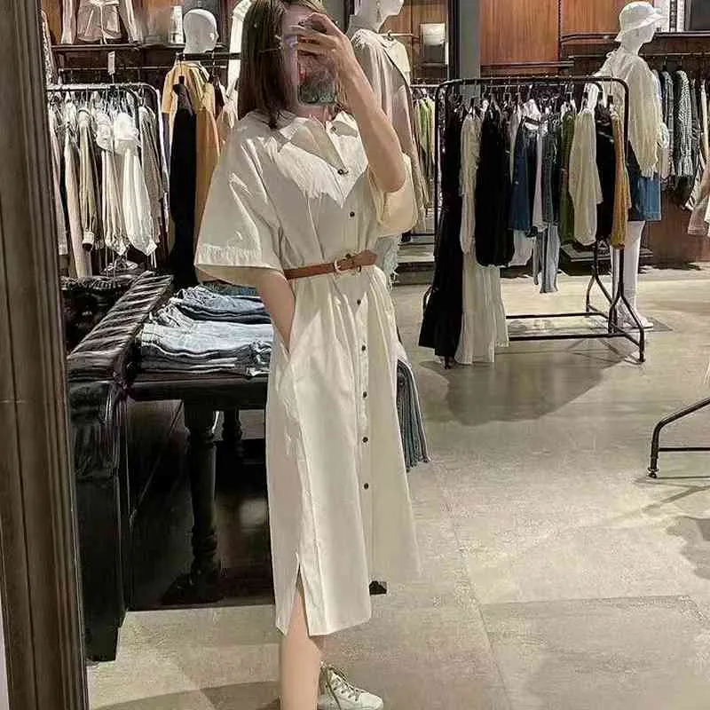 Summer Fashion Bandage Shirt Dress Women Simple Turn-down Collar Vestidos Mujer Single Breasted Office Lady Dresses Women 210514