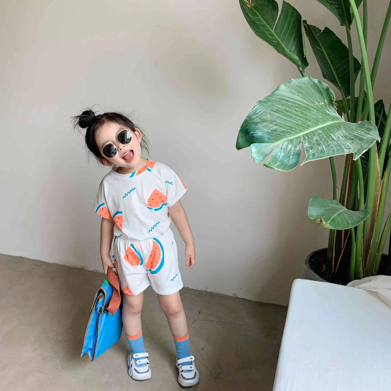 Summer cute girls fruit printed clothes sets cotton outfits short sleeve Tee and shorts casual clothings 210326