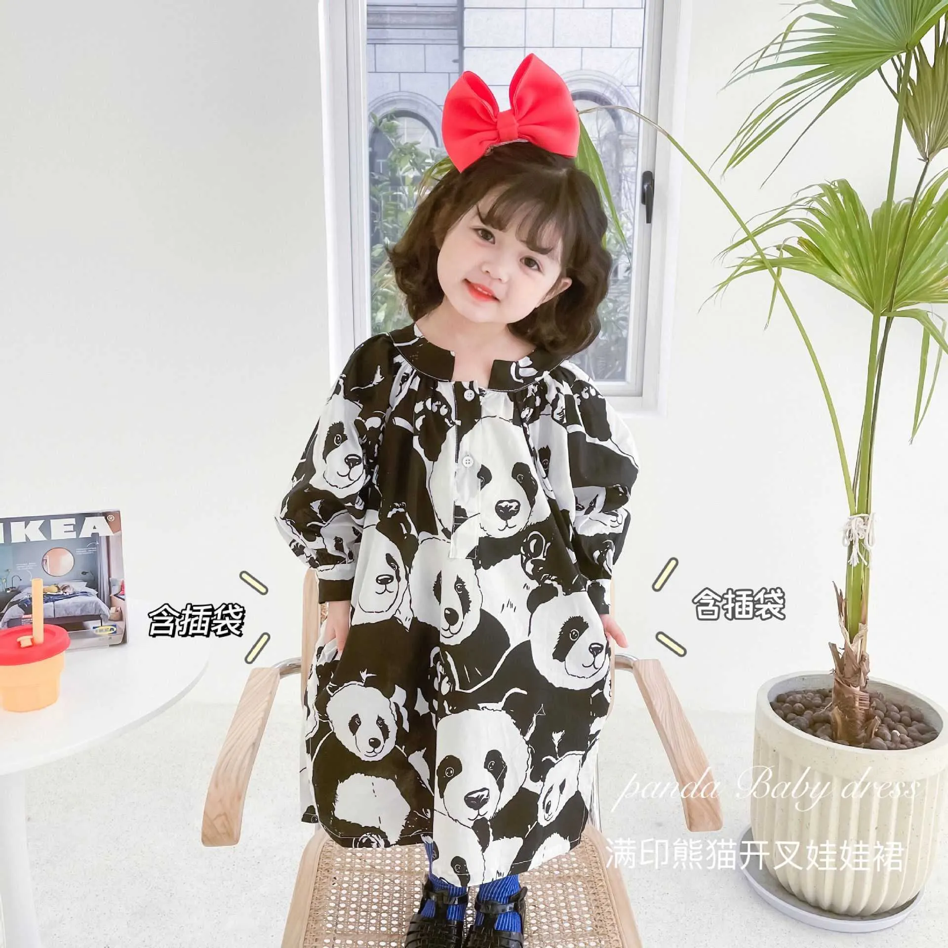 韓国のファッションの子供パンダブラウスロングコットンドレス女の子幼児ブティックデザイナー服衣装210529