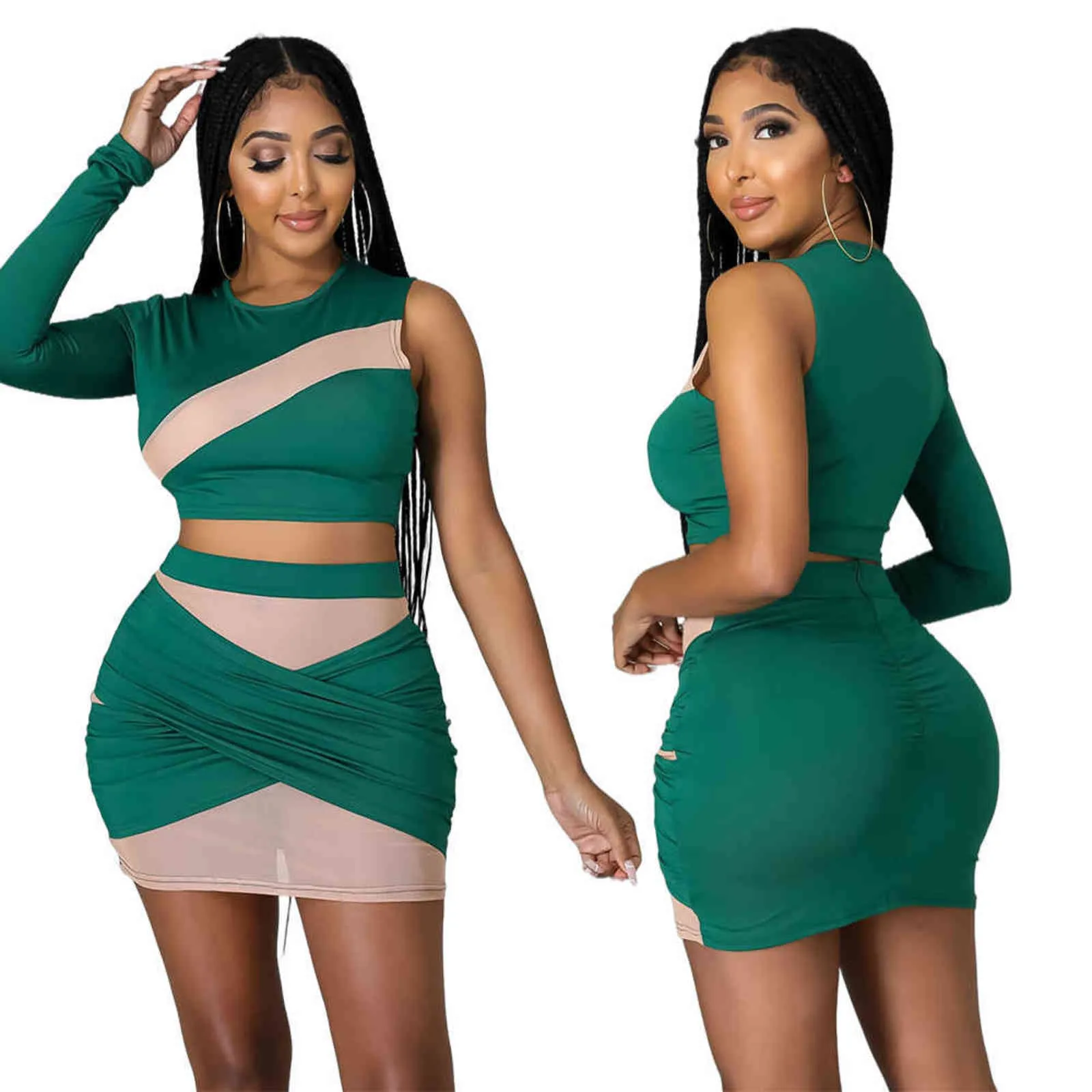 Femmes Deux Pièces Mesh Patchwork Costumes Une Épaule Crop Top Moulante Mini Jupe Ensemble Tenues Sexy 211116