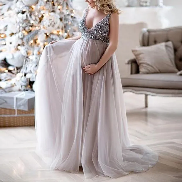 Sexy Maternity Shoot Dress Sequins Tulle Pregnancy Photography Dresses Sleeveless Maxi Gown For Pregnant Women Long Photo Prop (2)