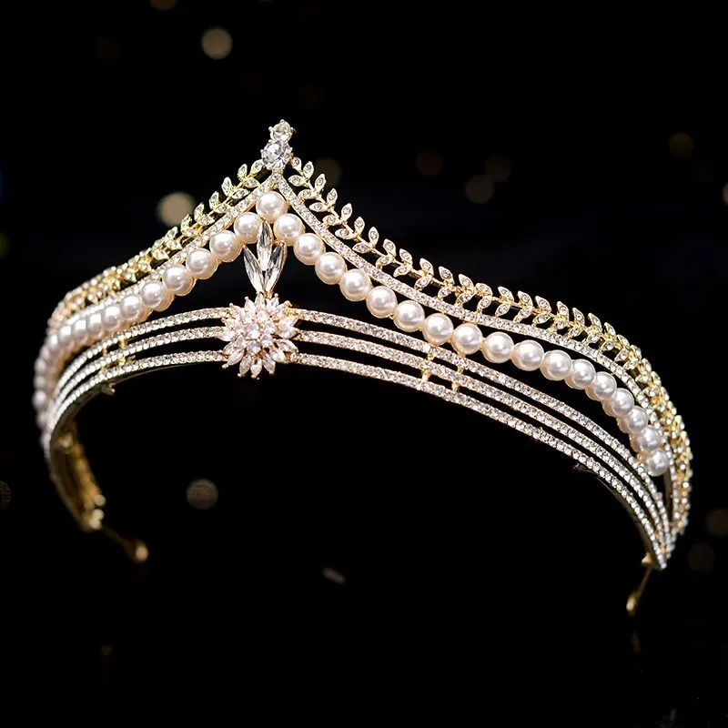 Barock retro guldkristallpärl Bridal Tiaras Crown Geometric Pageant Diadem Bride Pannband Bröllop Hårtillbehör 2202178622744