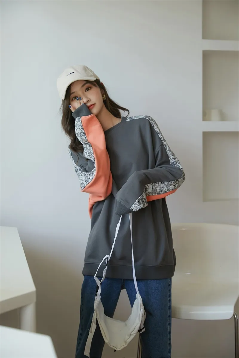 Contraste Couleur Ras Du Cou Sweat Femmes Automne Patchwork Paisley Imprimer Gris Orange À Capuche Réversible Vêtements 210427