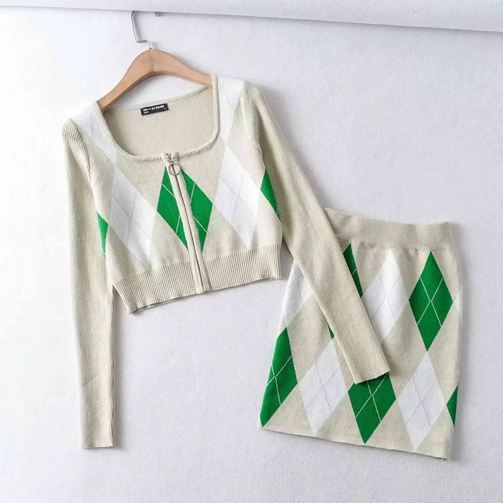 90-х годов Урожай молния Аргайл клетки вязаные обрезанные кардиган 2 шт. 1 набор женщин свитер пакет бедра мини юбка Y2K трикотаж 210429