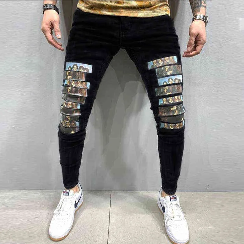 Män svart tvättade jeans mode personlighet biker slim denim byxor retro byxor skalle tryckt design street jeans 211120