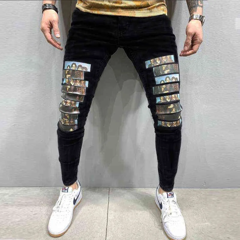 Mannen Zwart Wassen Jeans Mode Persoonlijkheid Fietser Slanke Denim Broek Retro Broek Skull Gedrukt Design Street Jeans 211120