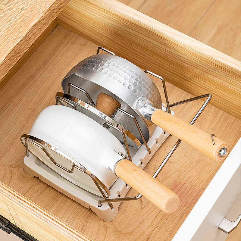 Kök köksredskap lagring rack pan lock arrangör justerbar bakeware hållare rostfritt stål pantry skåp 211112