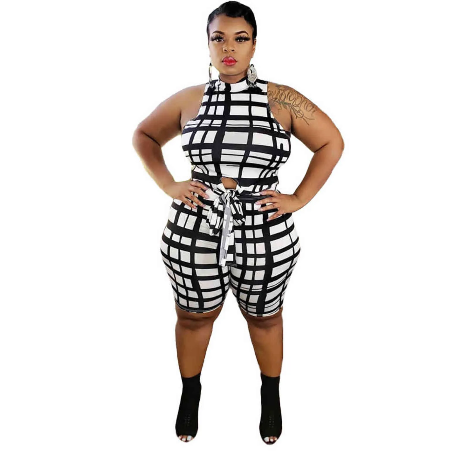 5xl Plus Size Abbigliamento donna Set due pezzi 4xl Fashion Casual Plaid Mezzo collo alto Cintura Abiti Estate Goccia all'ingrosso 211029