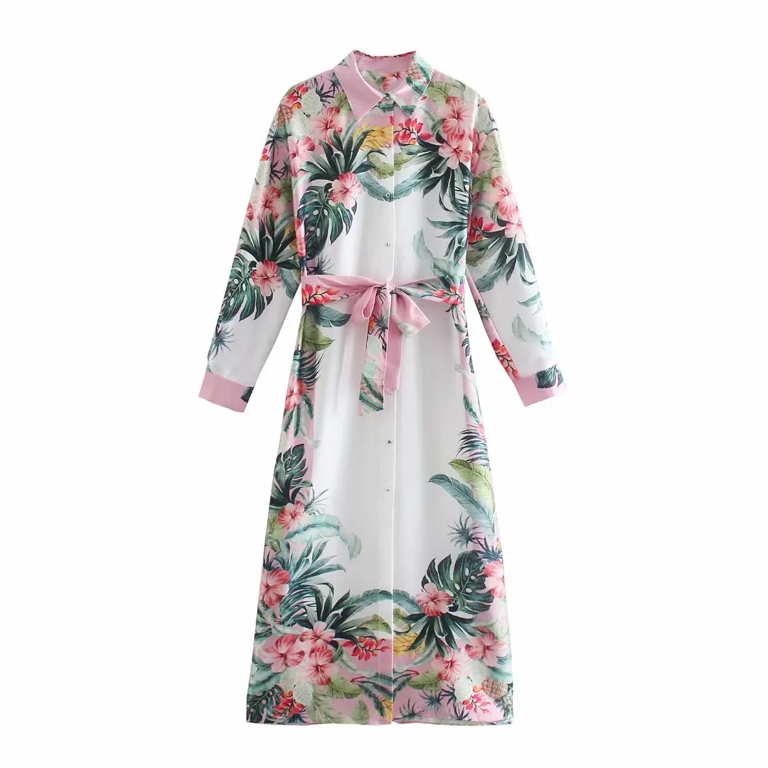 Kleid Weiß Tropical Print Hemd es Frauen Sommer Button Up Midi Frau Langarm Vintage Kragen Vestidos 210430