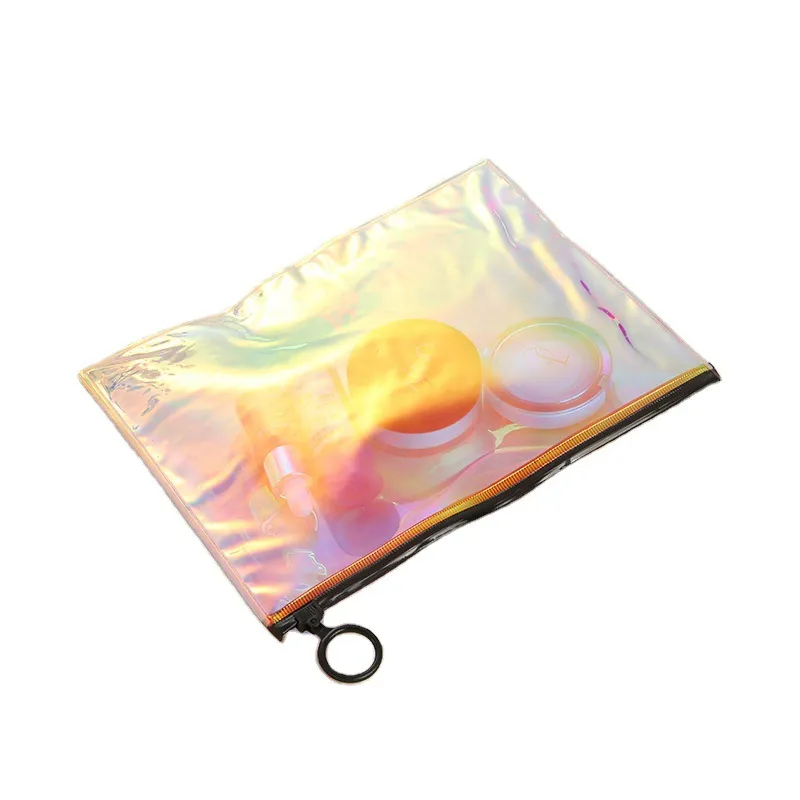 Sac à cosmétiques Transparent en PVC, 100 pièces, 21cm x 16cm, Portable, grande capacité, Laser arc-en-ciel, sac de lavage étanche, sacs de rangement