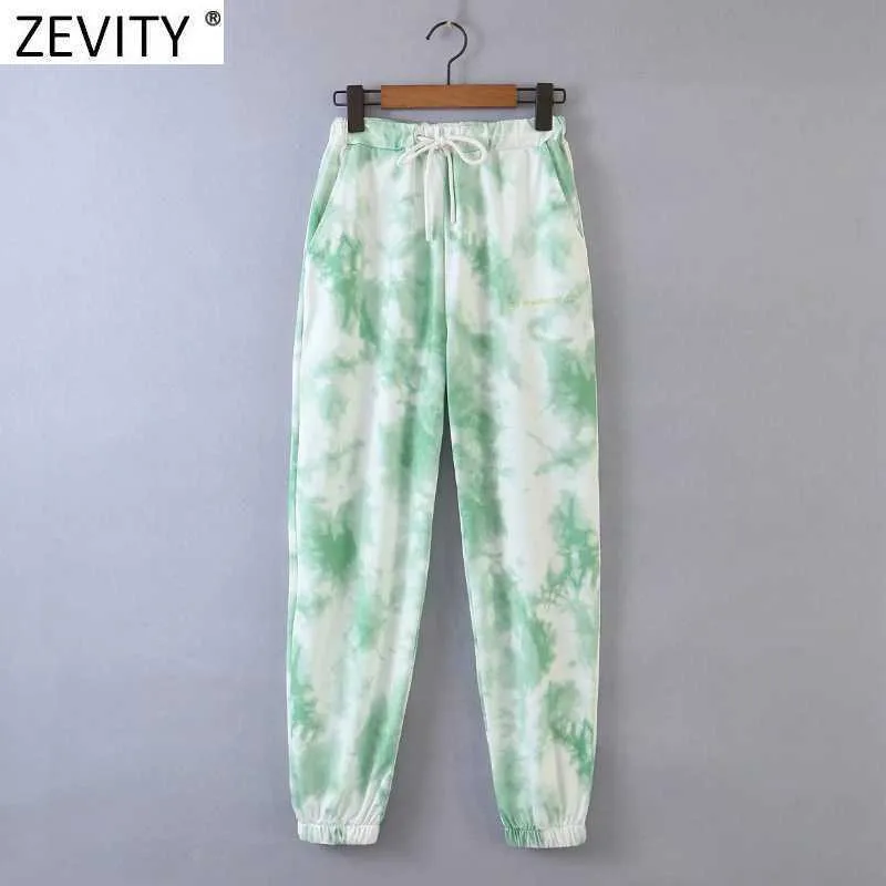 Zevity Frauen Vintage Krawatte Gefärbte Malerei Jogging Hosen Chic Weibliche Elastische Taille Buchstaben Stickerei Casual Pantalones Mujer P1022 210603