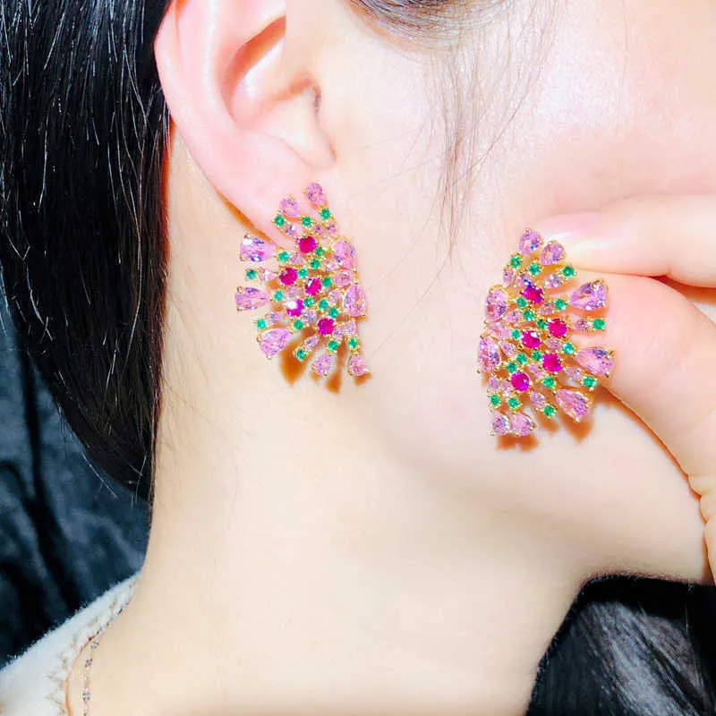 Symmetrical Punk Flower Green Pink Cubic Zirconia Large Stud Earrings for Women Luxury Jewelry Accessories CZ705 210714