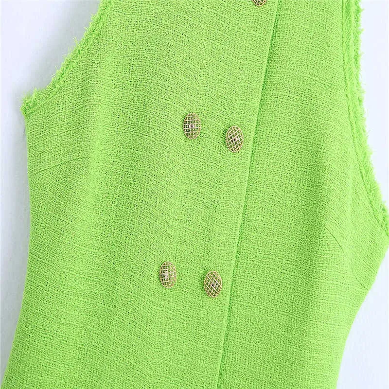 ZA Summer Textured Weave Mini Dress Women Vintage Sleeveless Tweed Office Lady Dresses Chic Back Zip Woman Fit Green Dress 210602